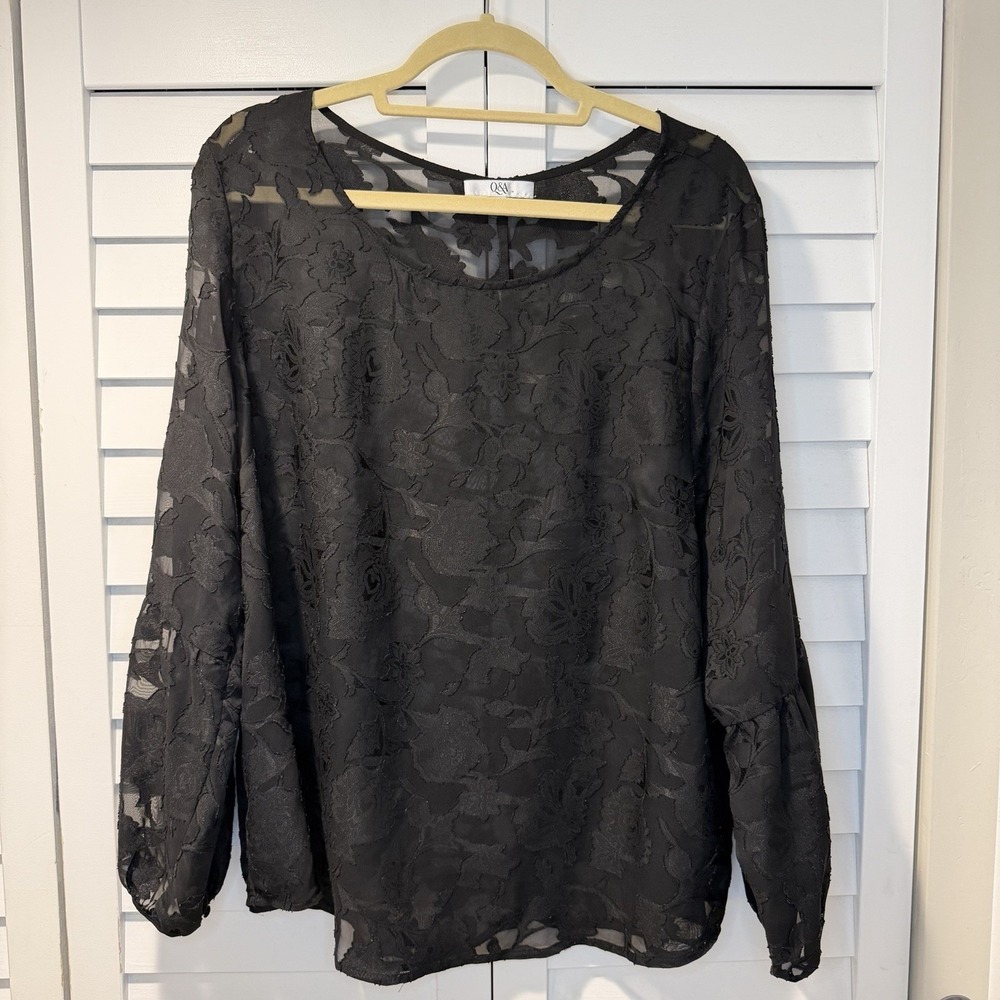 Q&A Black Floral Burnout Blouse Women XXL Sheer Long Sleeve Scoop Neck Top‎